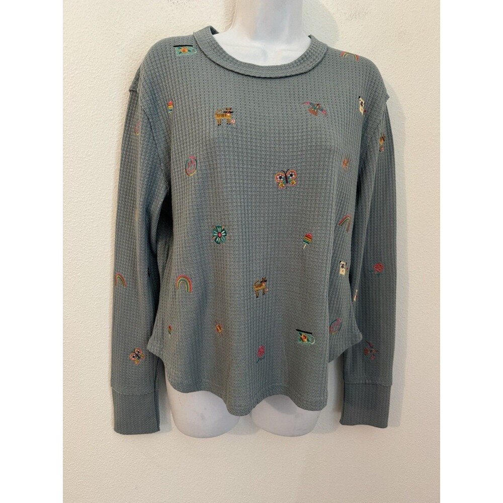 Natural Life Womens Top Blue Waffle Knit Thermal Embroidered Parker Cat Dog EUC